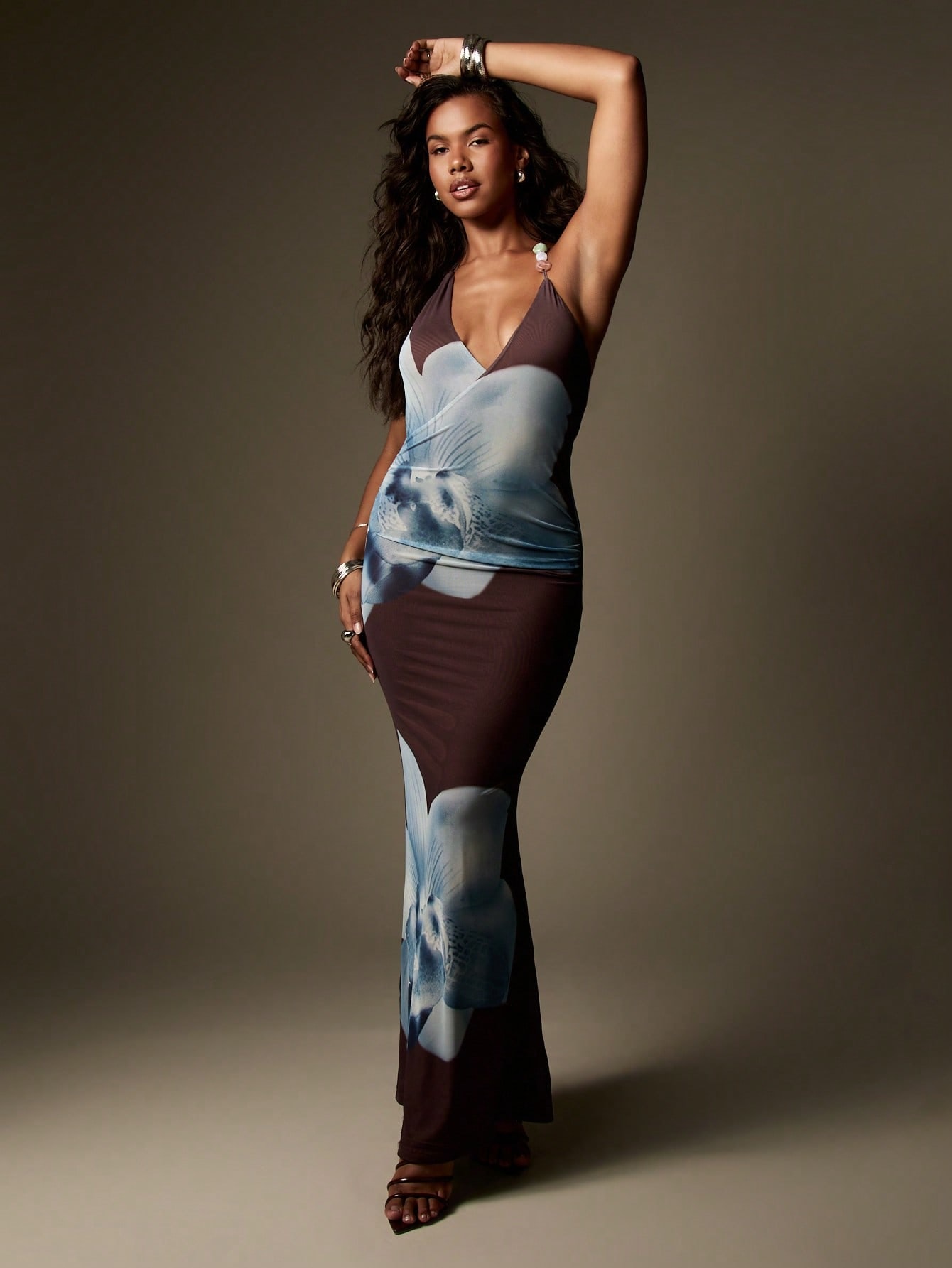 Floral Print Mesh Lined Deep Plunge Cowl Wrap Detail Maxi Dressvacay Summer Resort Ibiza Mykonos Europe Vacation image 1